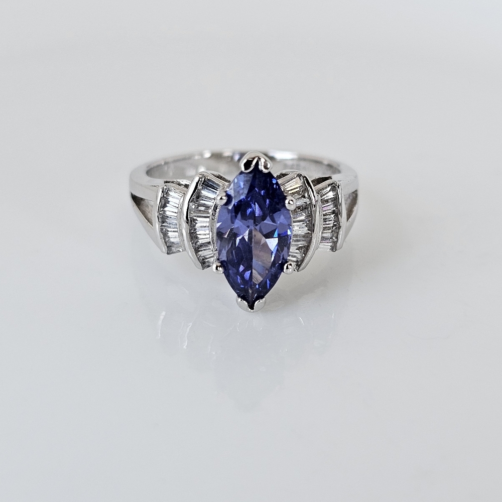 Retired Marquise Tanzanite & Diamond Simulant Sterling Silver Ring Sz 7!